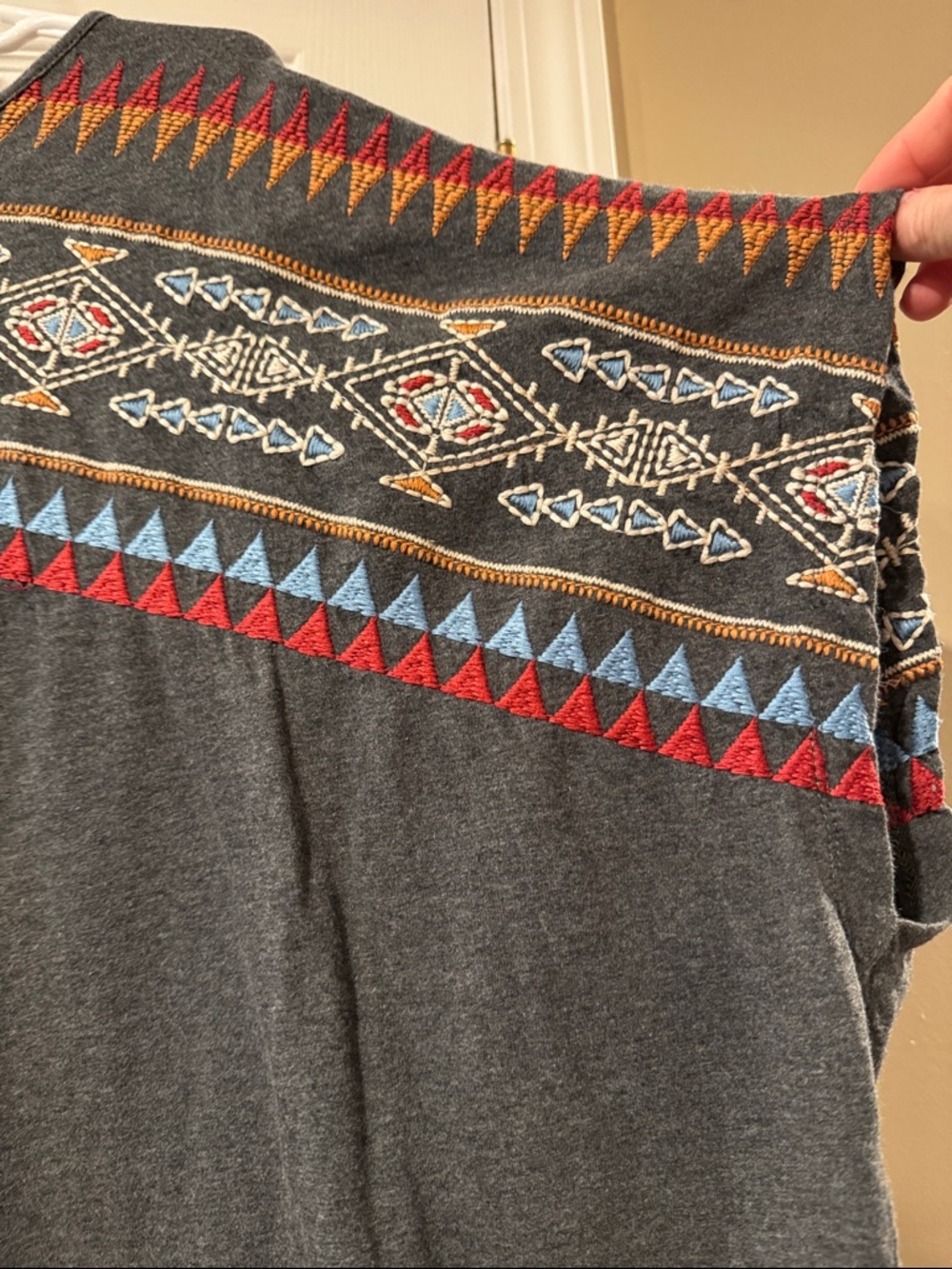 Johnny Was Short Sleeve Geometric Tribal Print Tee in Charcoal, Red, Blue, Gold - Picture 10 of 15